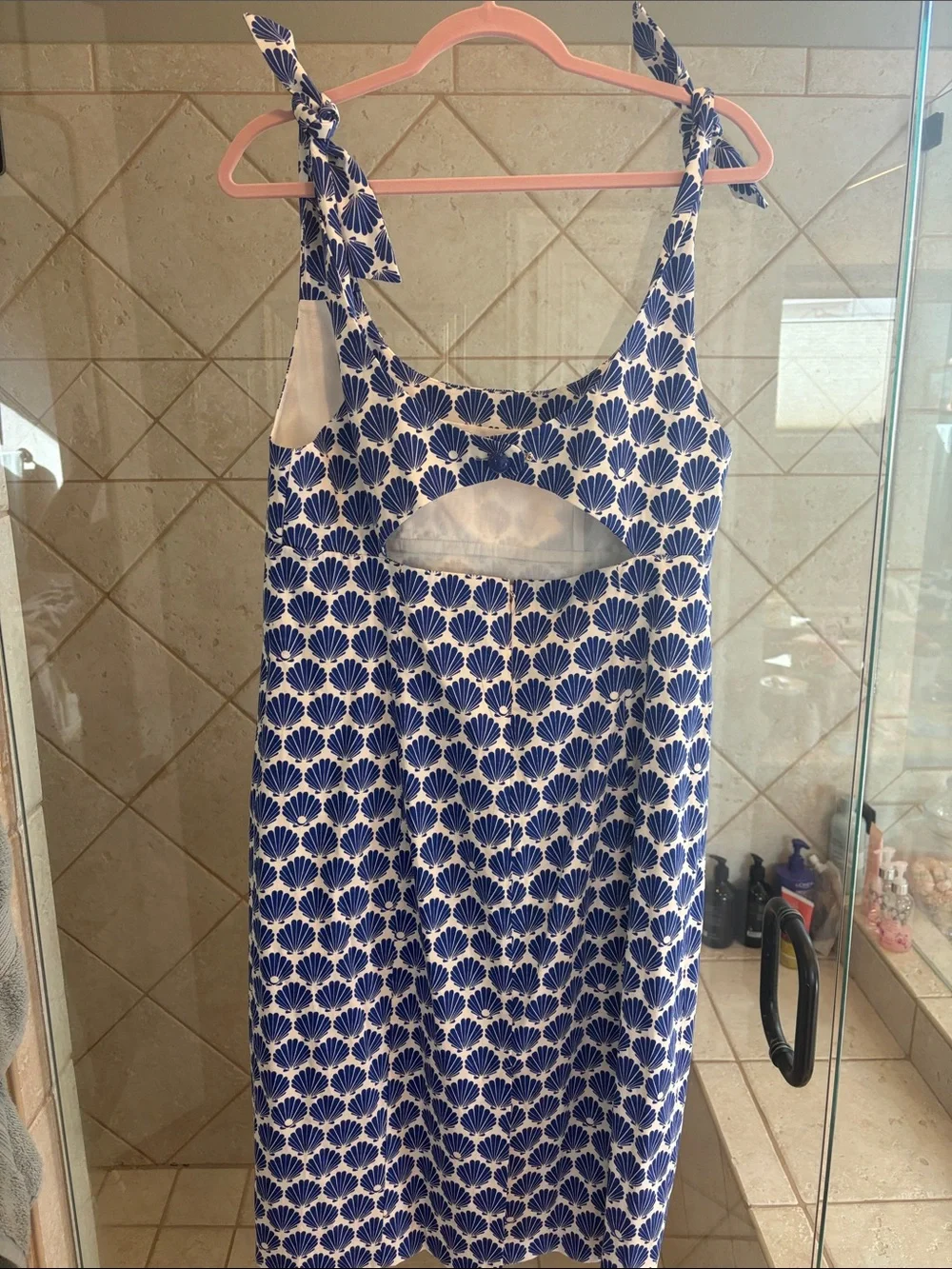 kate spade Blue and White Shell-Print Tie-Shoulder Midi Dress